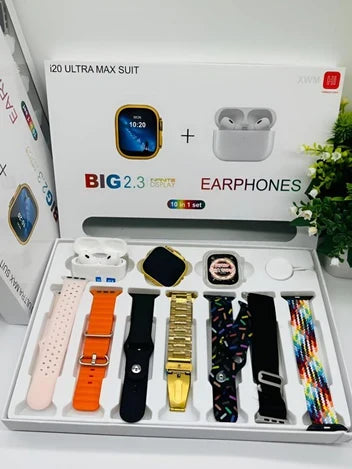 I20 Ultra Max Smart Watch 10-in-1 box set comes with EarBurds